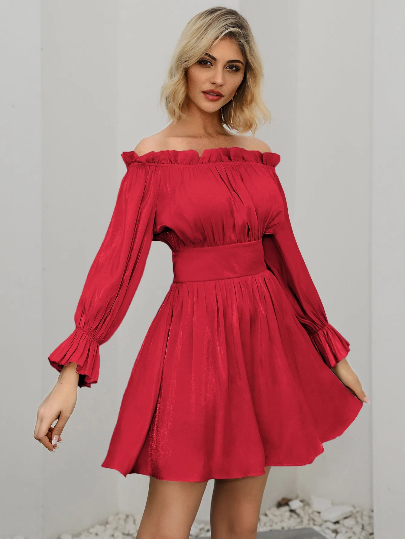 Off Shoulder Ruffled Skater Backless Mini Dresses