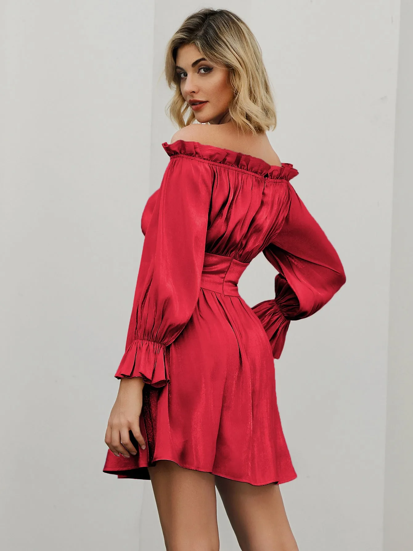 Off Shoulder Ruffled Skater Backless Mini Dresses