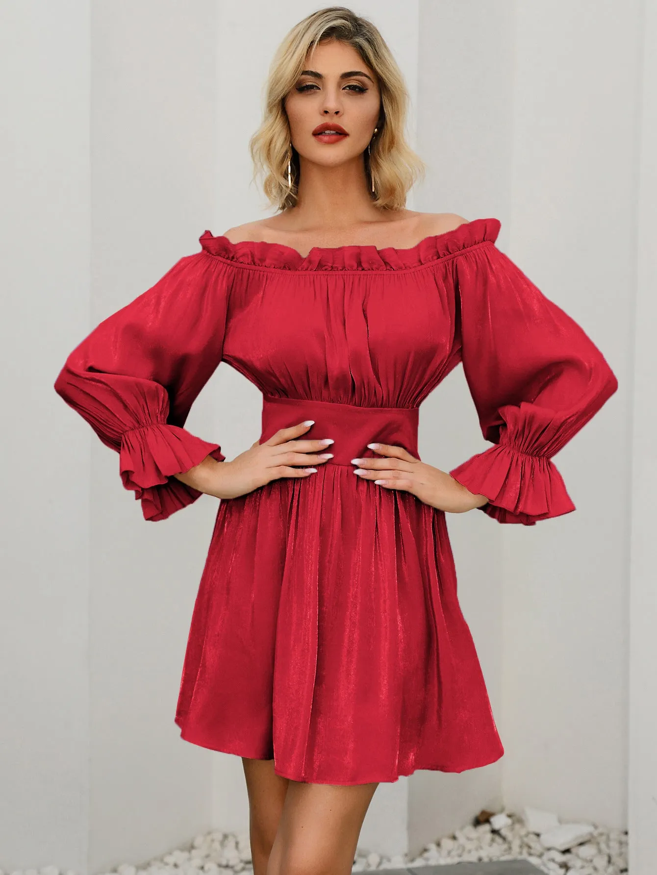 Off Shoulder Ruffled Skater Backless Mini Dresses