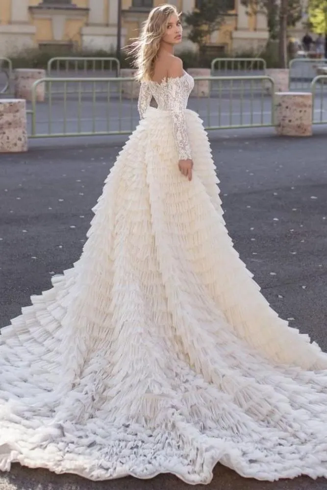 Off the Shoulder Wedding Gown Long Sleeves Floral Mermaid with Detachable Train