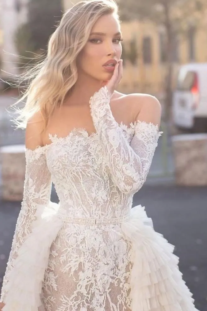 Off the Shoulder Wedding Gown Long Sleeves Floral Mermaid with Detachable Train