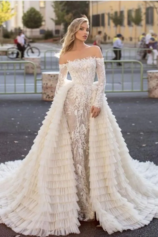 Off the Shoulder Wedding Gown Long Sleeves Floral Mermaid with Detachable Train