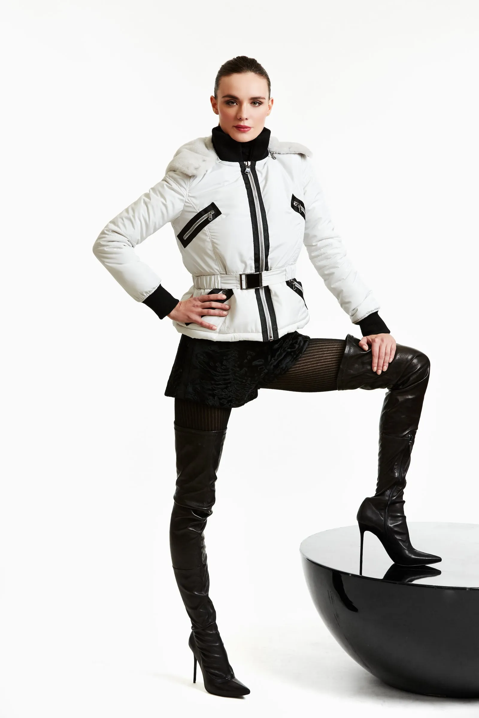Off White Shearling and Nylon Puffer Jacket
