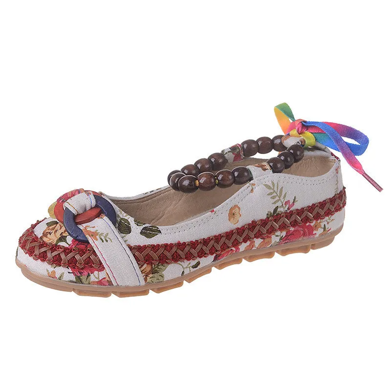 Old Beijing Cloth Shoes National Wind Color Bandage Shallow Mouth Single Shoes Retro Beaded Embroidered Women's Shoes Large Size