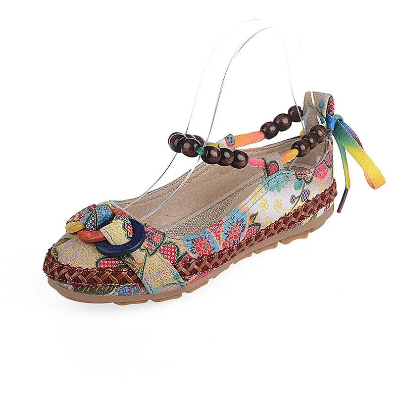 Old Beijing Cloth Shoes National Wind Color Bandage Shallow Mouth Single Shoes Retro Beaded Embroidered Women's Shoes Large Size