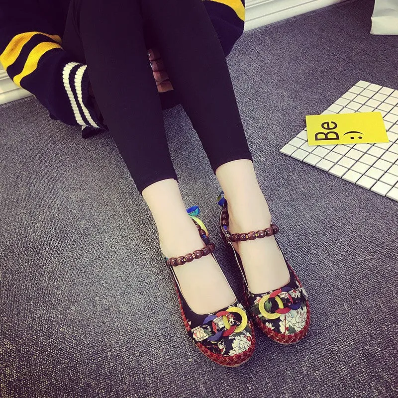 Old Beijing Cloth Shoes National Wind Color Bandage Shallow Mouth Single Shoes Retro Beaded Embroidered Women's Shoes Large Size