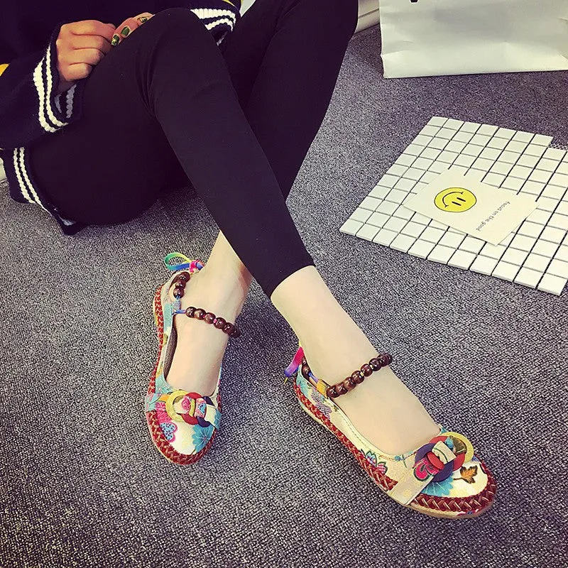 Old Beijing Cloth Shoes National Wind Color Bandage Shallow Mouth Single Shoes Retro Beaded Embroidered Women's Shoes Large Size