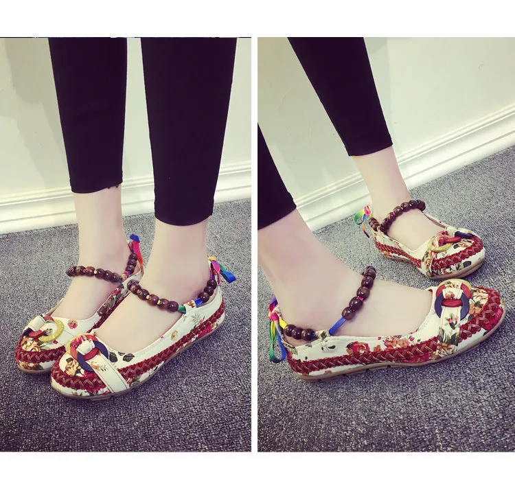 Old Beijing Cloth Shoes National Wind Color Bandage Shallow Mouth Single Shoes Retro Beaded Embroidered Women's Shoes Large Size