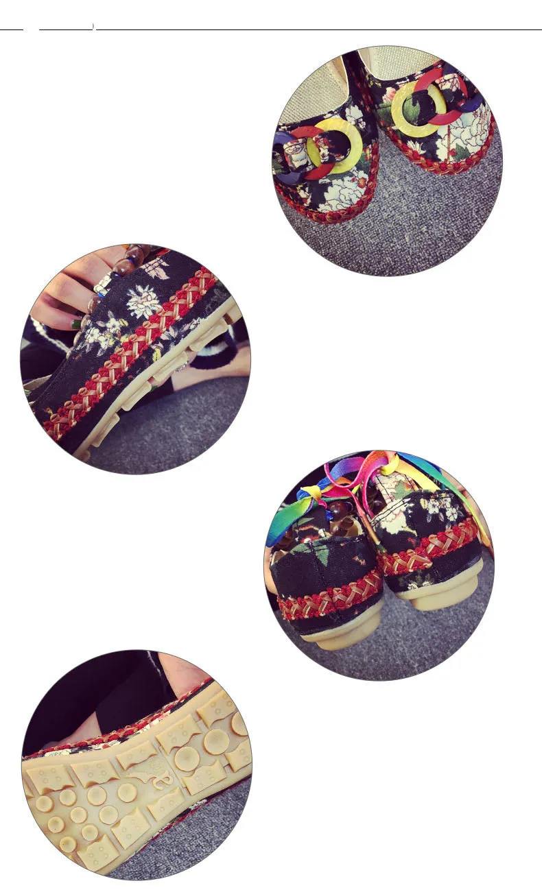 Old Beijing Cloth Shoes National Wind Color Bandage Shallow Mouth Single Shoes Retro Beaded Embroidered Women's Shoes Large Size