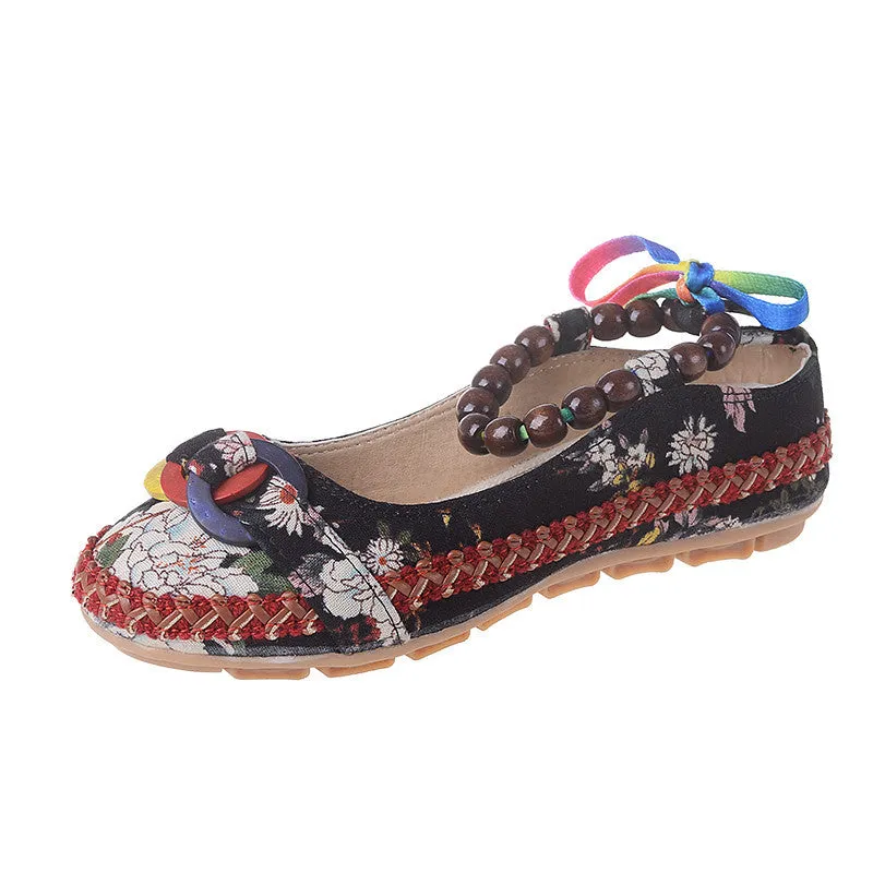 Old Beijing Cloth Shoes National Wind Color Bandage Shallow Mouth Single Shoes Retro Beaded Embroidered Women's Shoes Large Size