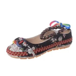 Old Beijing Cloth Shoes National Wind Color Bandage Shallow Mouth Single Shoes Retro Beaded Embroidered Women's Shoes Large Size