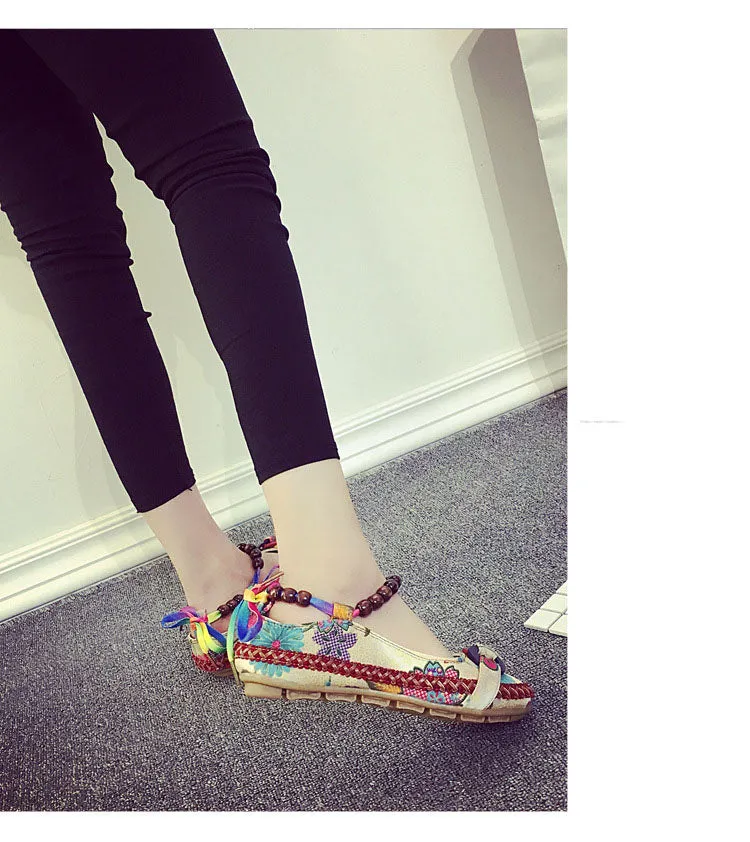 Old Beijing Cloth Shoes National Wind Color Bandage Shallow Mouth Single Shoes Retro Beaded Embroidered Women's Shoes Large Size