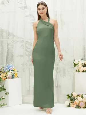 Olive Silk Satin Halter Neck Sheath Sleeveless Bridesmaid Dress