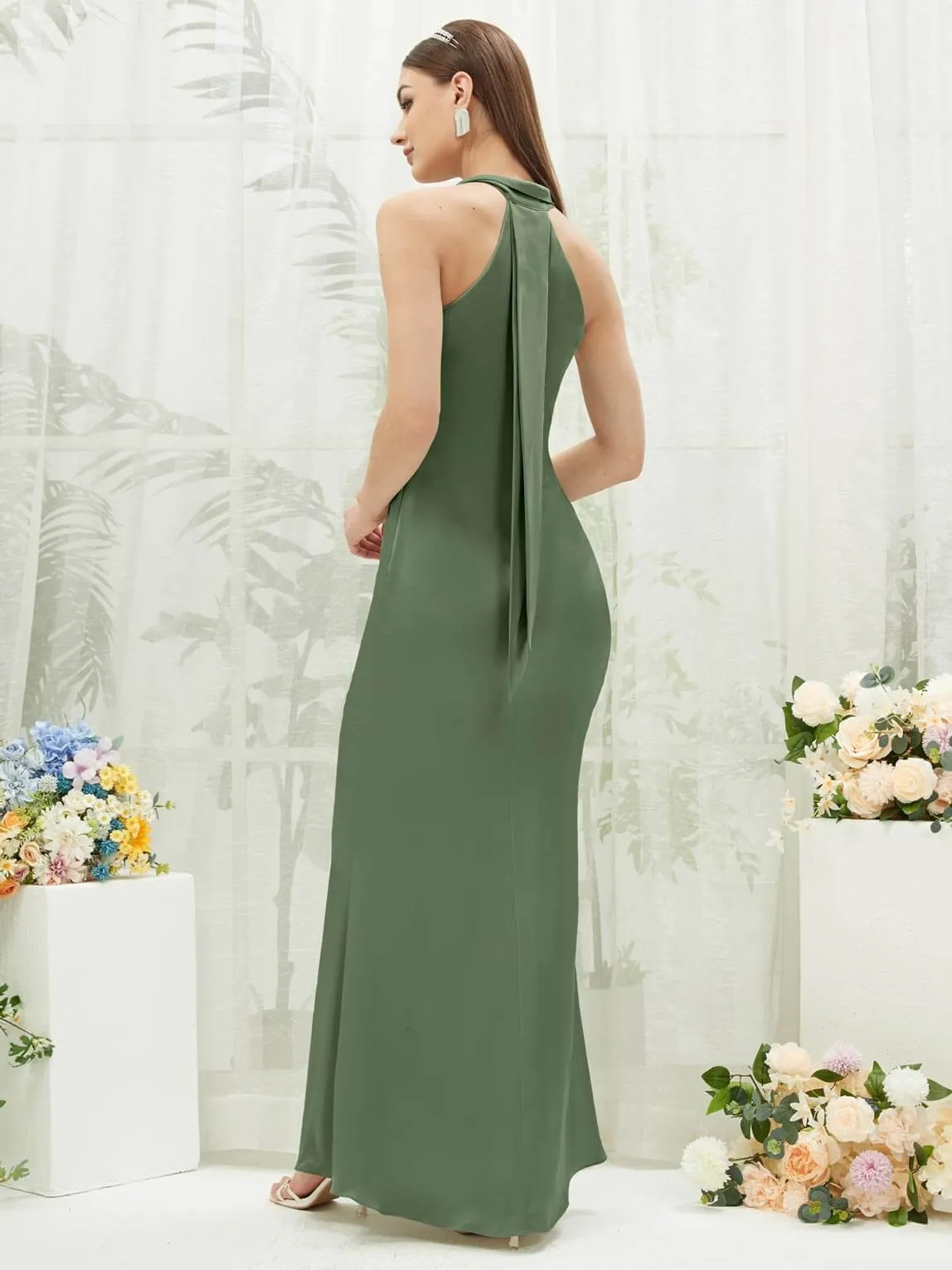 Olive Silk Satin Halter Neck Sheath Sleeveless Bridesmaid Dress