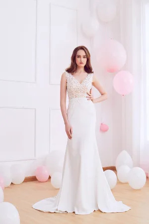 Olivia - Selena Huan Venice Fosted Embroidery Lace V-neck crepe gown