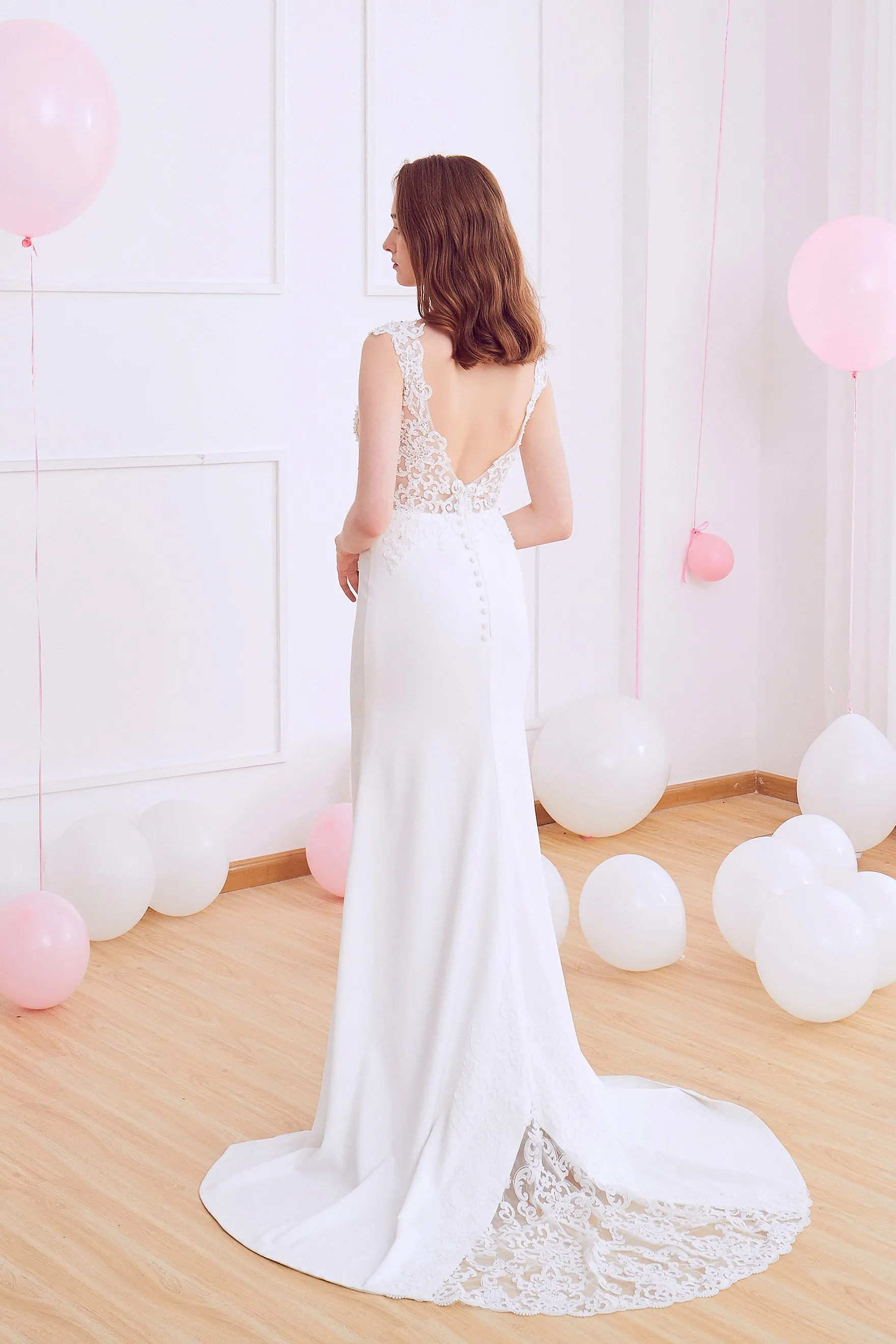 Olivia - Selena Huan Venice Fosted Embroidery Lace V-neck crepe gown