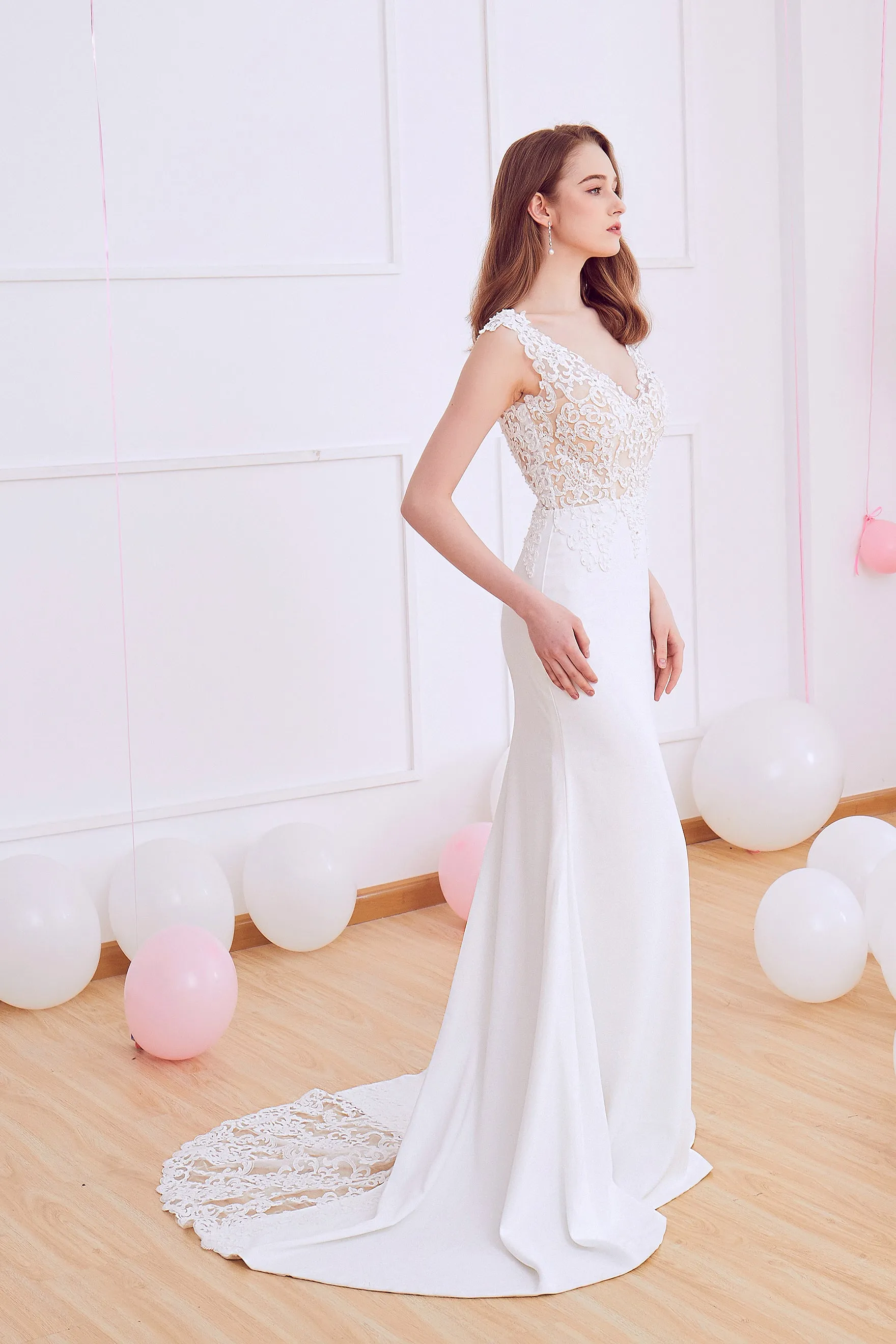 Olivia - Selena Huan Venice Fosted Embroidery Lace V-neck crepe gown