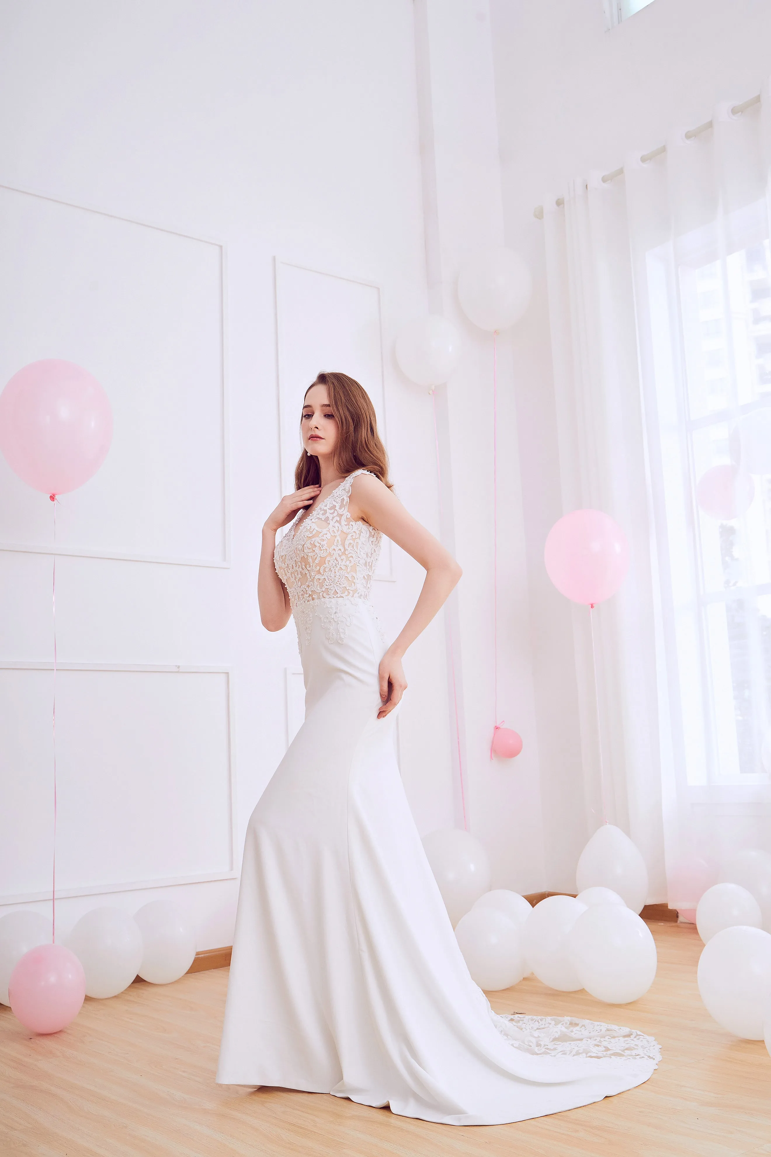 Olivia - Selena Huan Venice Fosted Embroidery Lace V-neck crepe gown