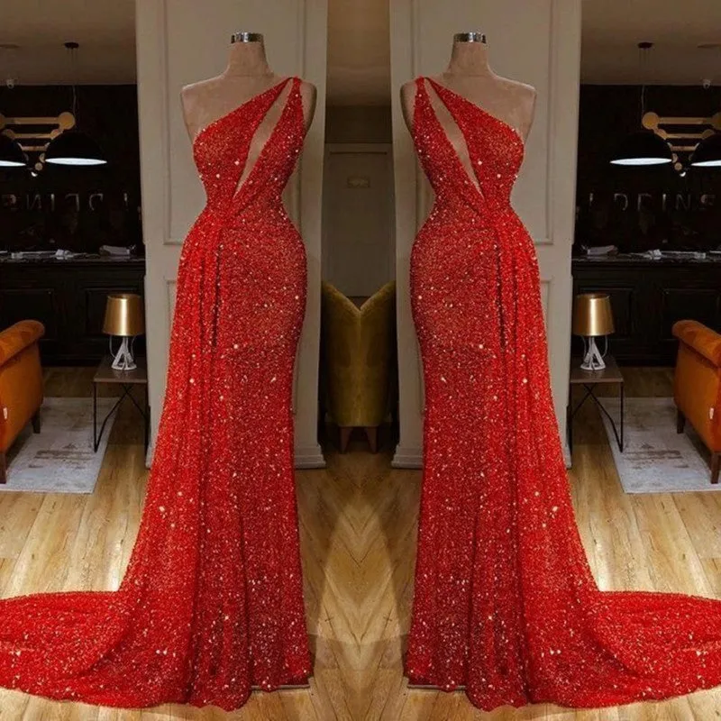 One Shoulder Red Prom Dress Sequins Long On Sale