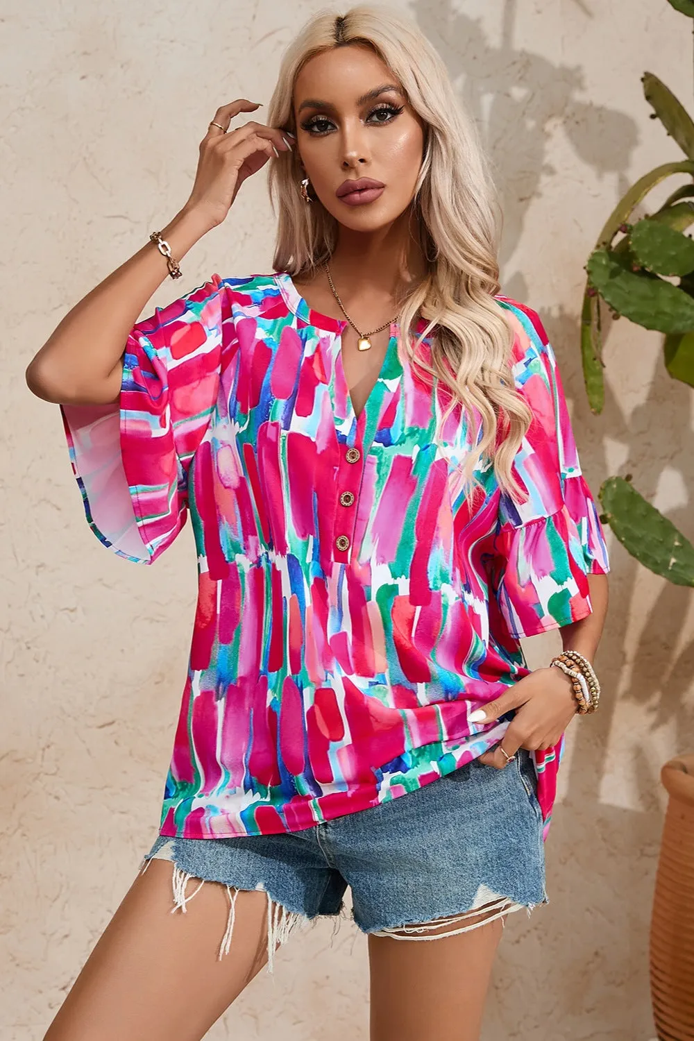 Opal Printed Notched Half Sleeve Blouse