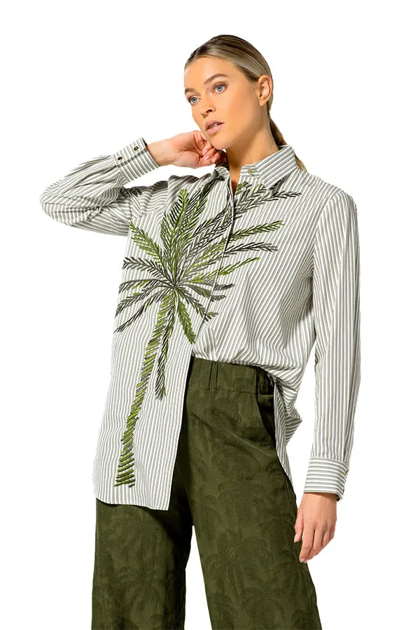 PALM TREE EMBROIDERY STRIPED COTTON SHIRT