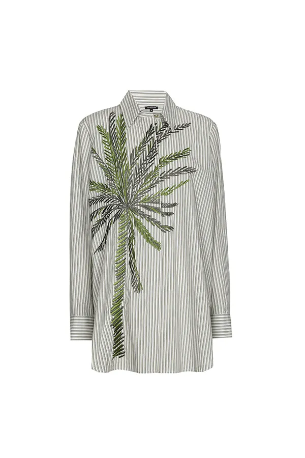 PALM TREE EMBROIDERY STRIPED COTTON SHIRT