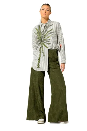PALM TREE EMBROIDERY STRIPED COTTON SHIRT