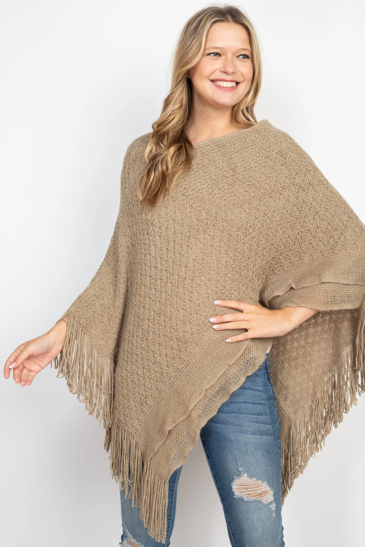 PATTERN KNITTED FRINGE PONCHO
