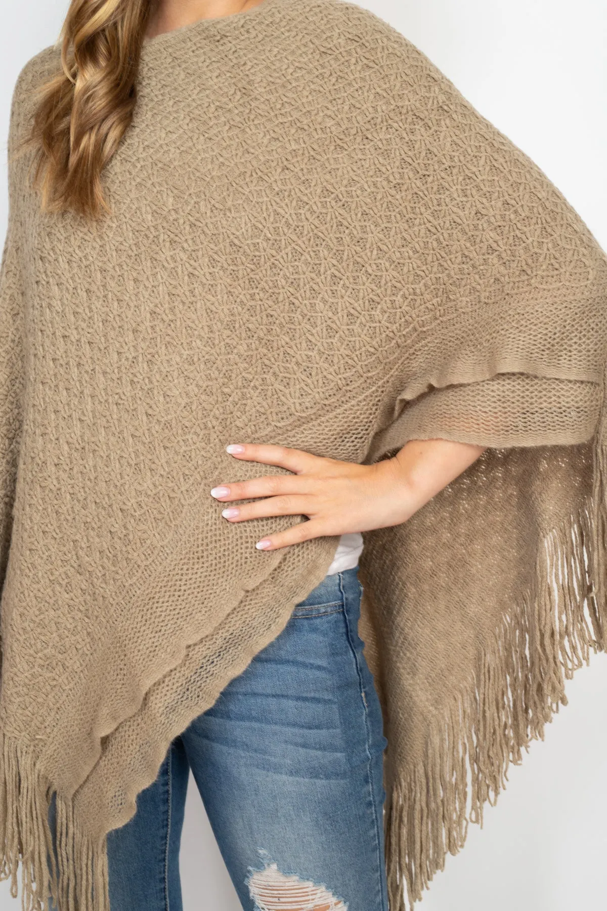 PATTERN KNITTED FRINGE PONCHO