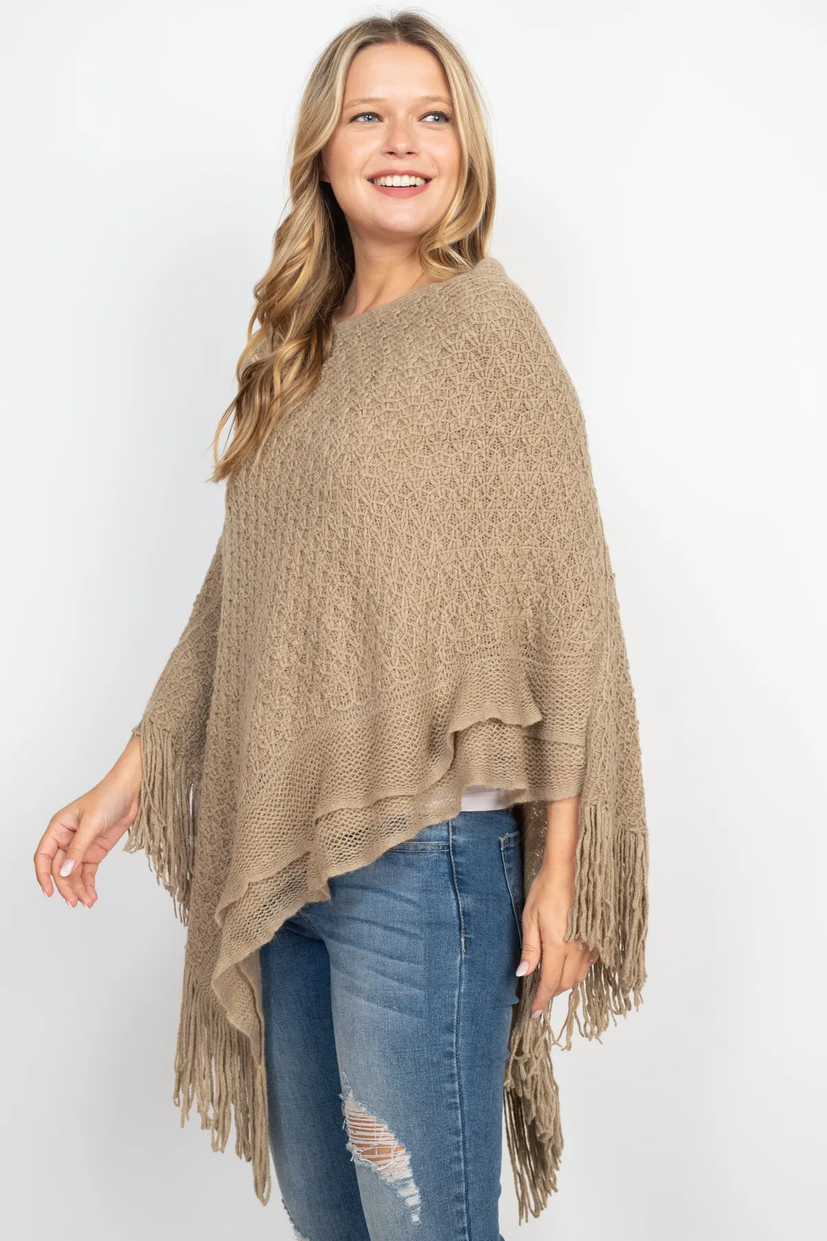 PATTERN KNITTED FRINGE PONCHO