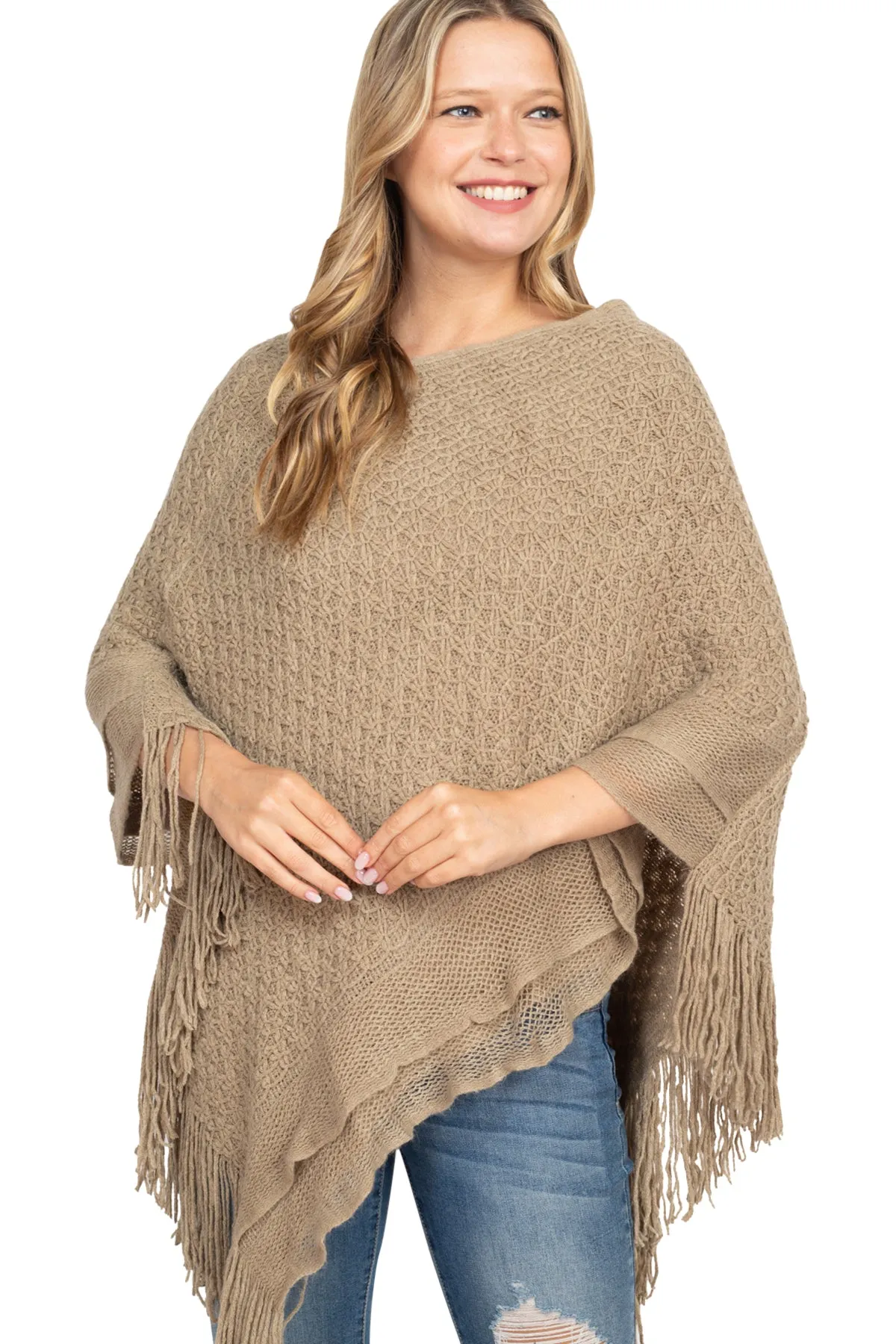 PATTERN KNITTED FRINGE PONCHO