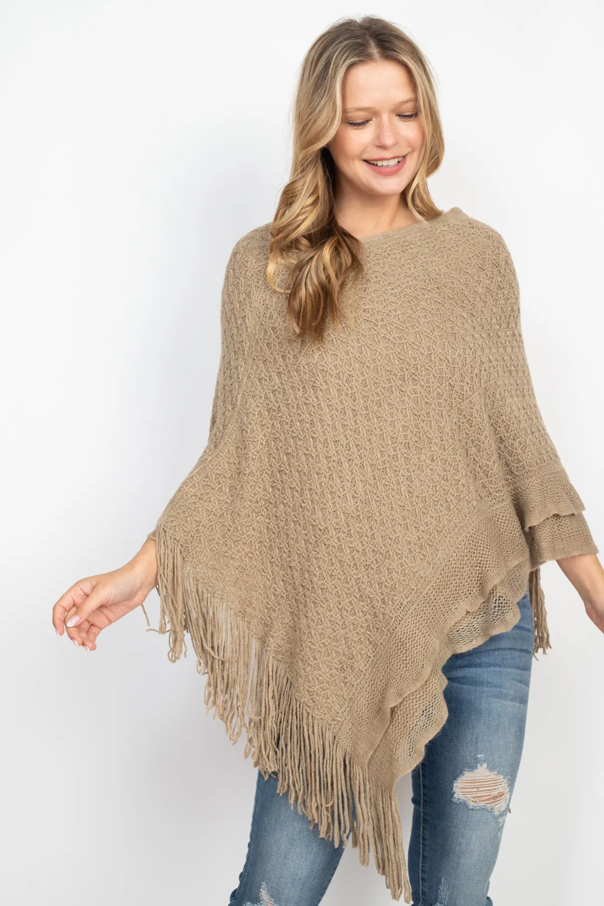 PATTERN KNITTED FRINGE PONCHO