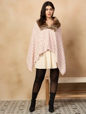 Peach White Big Check Acrylic Fur Poncho