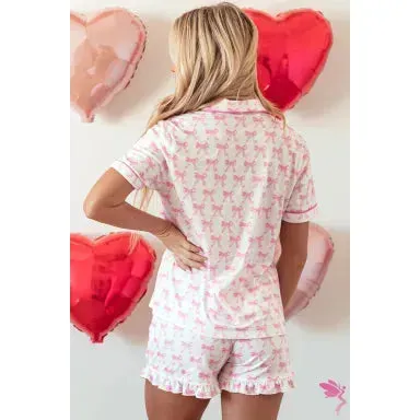Pink Bowknot Printed Short Sleeve and Ruffled Shorts Valentines Pajama Set