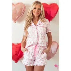 Pink Bowknot Printed Short Sleeve and Ruffled Shorts Valentines Pajama Set