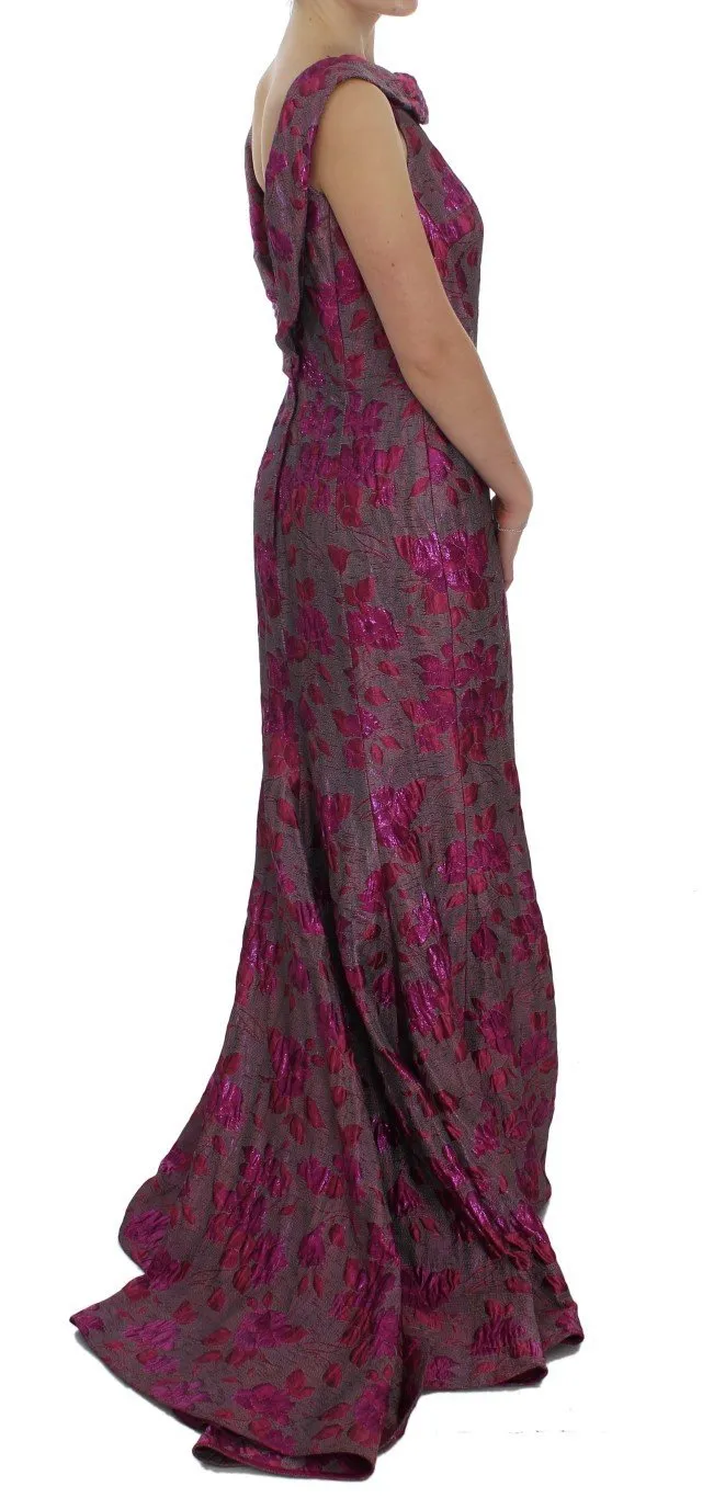Pink Floral Brocade Sheath Gown Dress