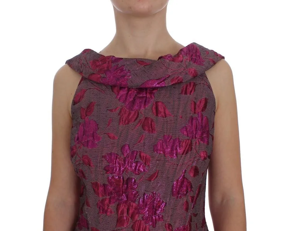 Pink Floral Brocade Sheath Gown Dress