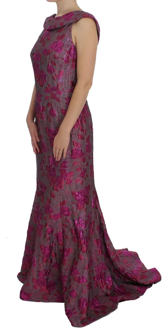 Pink Floral Brocade Sheath Gown Dress