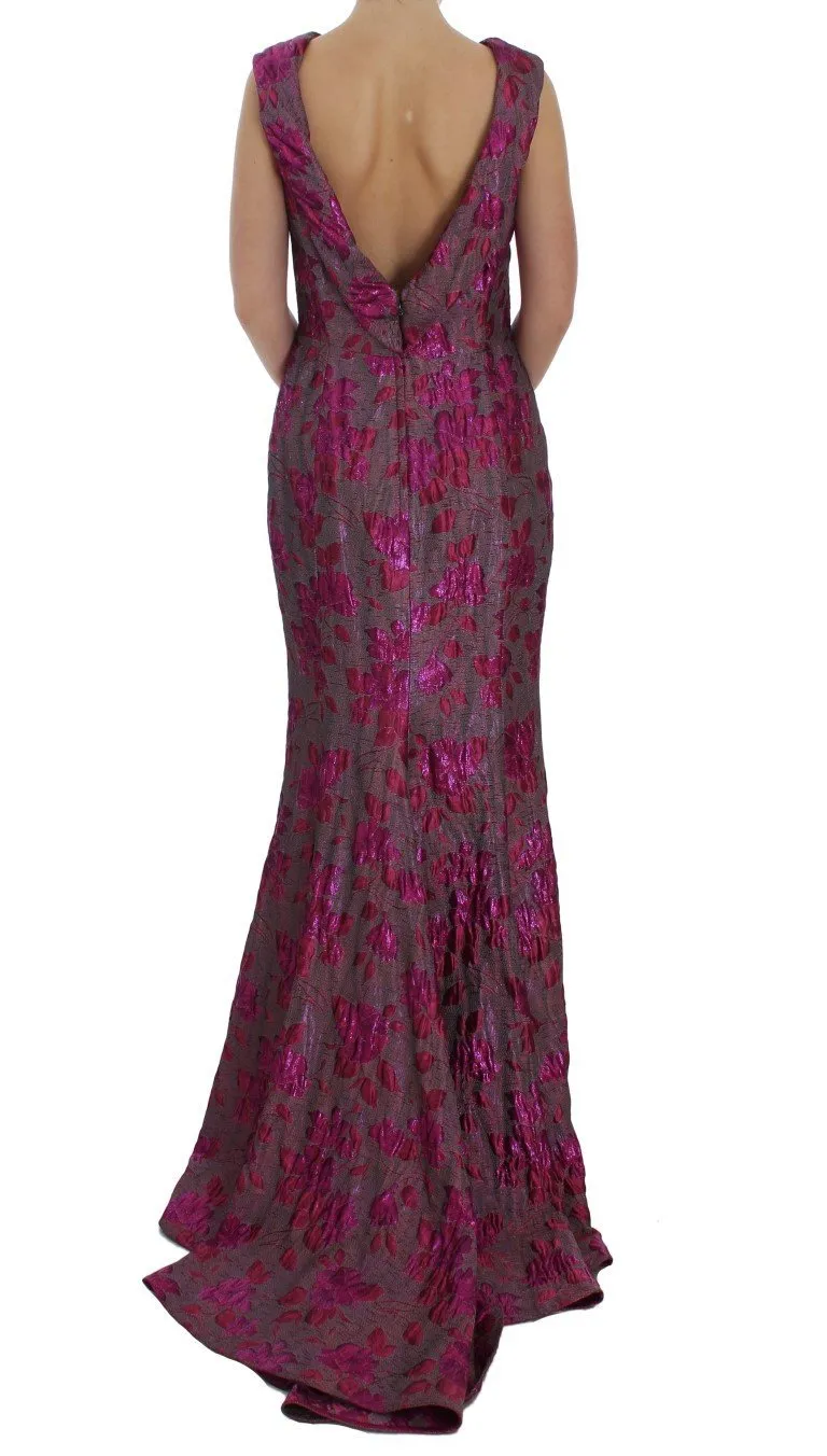 Pink Floral Brocade Sheath Gown Dress
