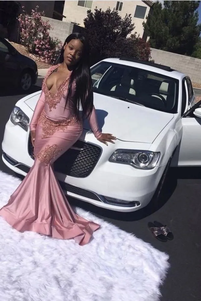 Pink Mermaid Long Sleevess V-neck Floor Length Prom Dresses