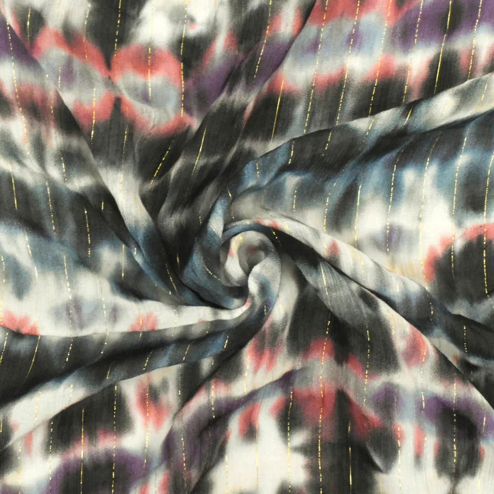Pink-Multi Famous Designer Tie Dye Printed Metallic Stripe Chiffon Fabric