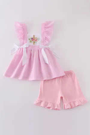 Pink Seersucker Cross Floral Embroidery Set