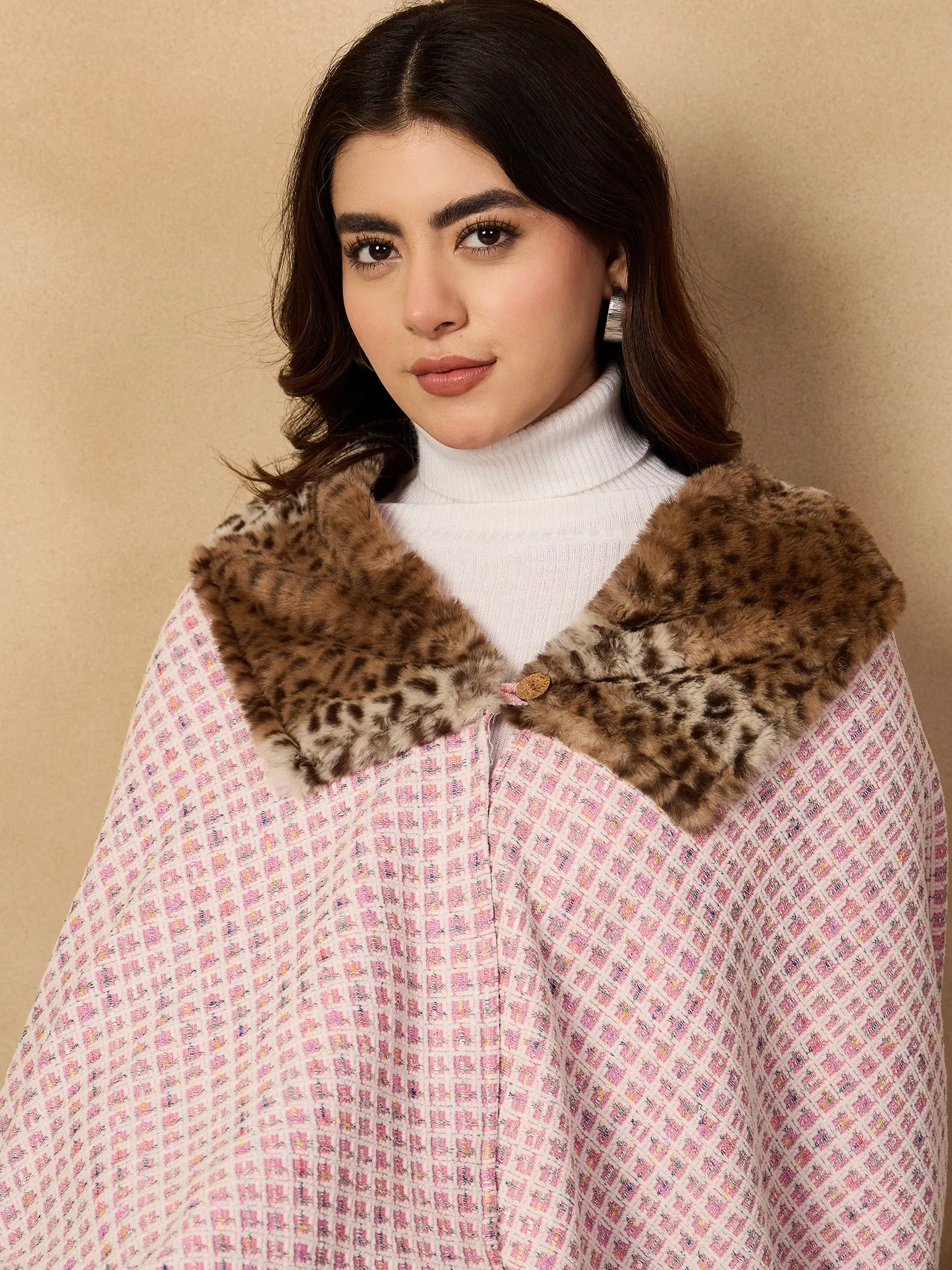 Pink White Check Acrylic Fur Poncho