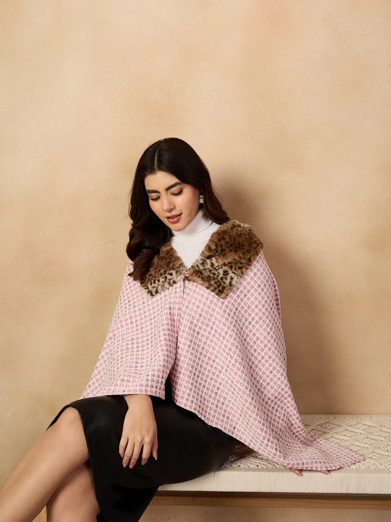 Pink White Check Acrylic Fur Poncho