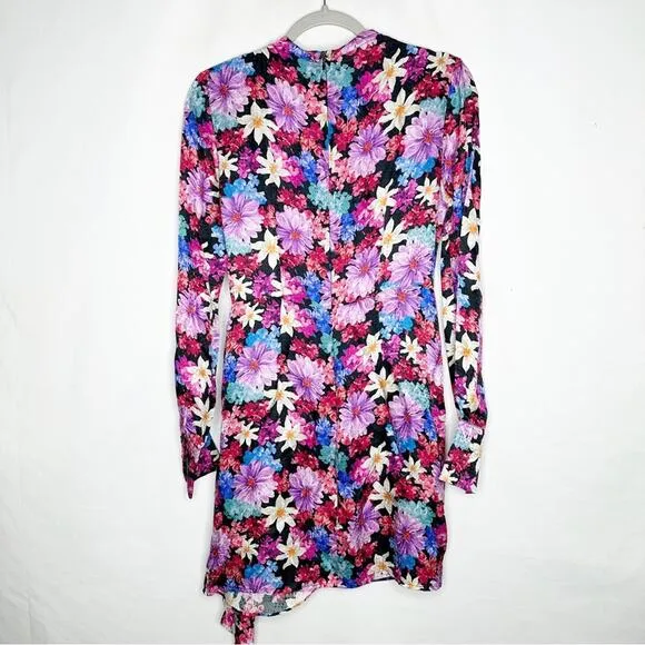 PINKO Floral Sleeved Sheath Mini Silk Dress in Size Large (44)