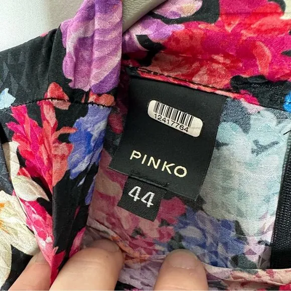 PINKO Floral Sleeved Sheath Mini Silk Dress in Size Large (44)