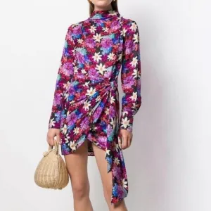 PINKO Floral Sleeved Sheath Mini Silk Dress in Size Large (44)
