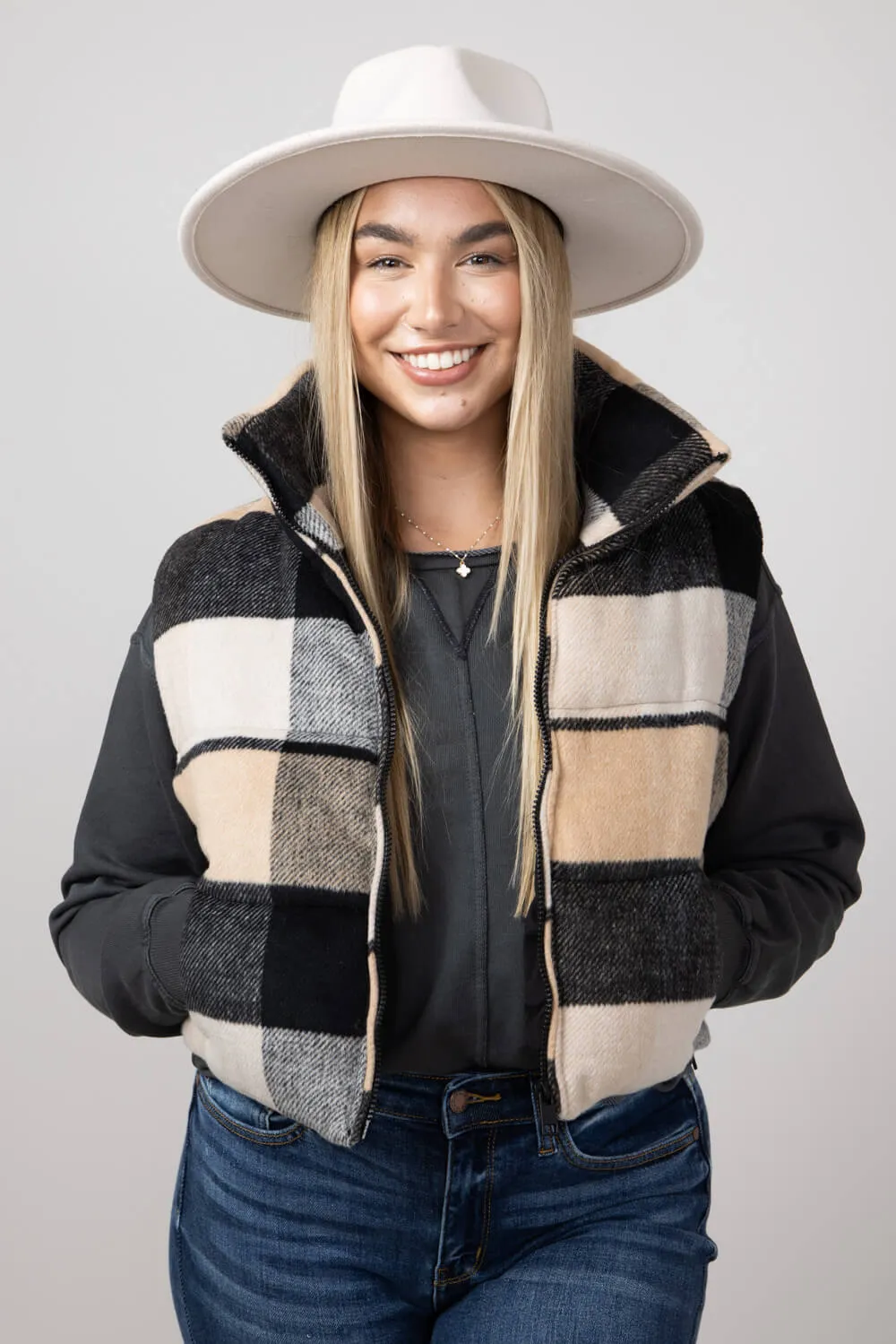 Plaid Puffer Vest for Women in Black and Yellow | 55179-BLACKYELLOW