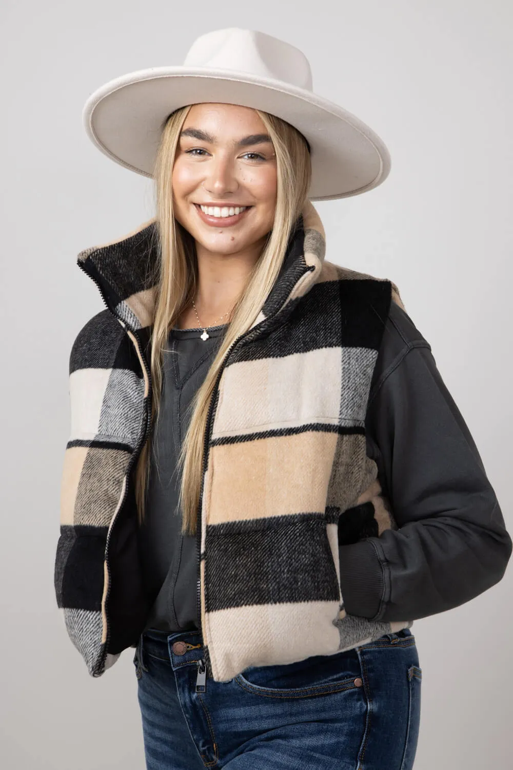 Plaid Puffer Vest for Women in Black and Yellow | 55179-BLACKYELLOW