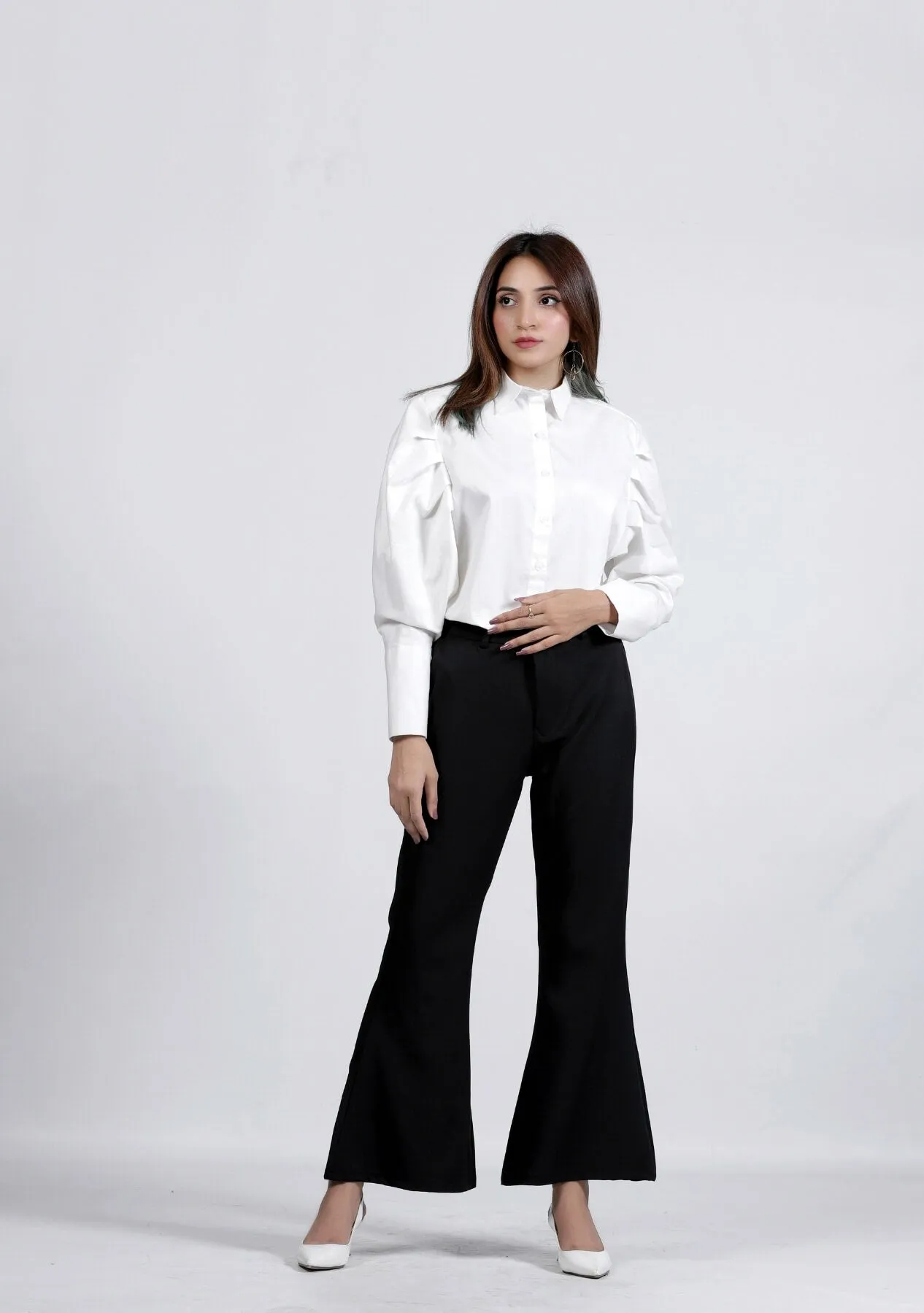Pleated Sleeve Poplin Shirt - White